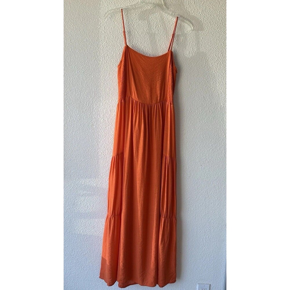 Lush Women's Maxi Dress Tie Back Size Small Orange Adjustable Straps Tiered Boho